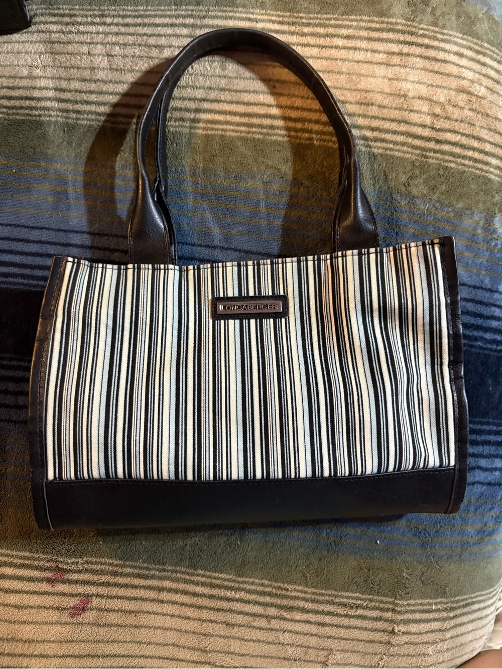 Longaberger Black and White Striped Tote with Black Trim